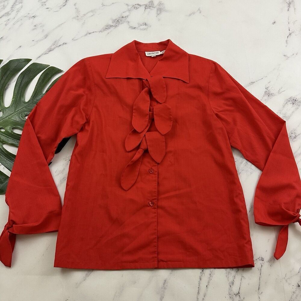 Lavinchi Womens Vintage 80s Tie Front Top Size 36 M Red Bows Knots Button Up